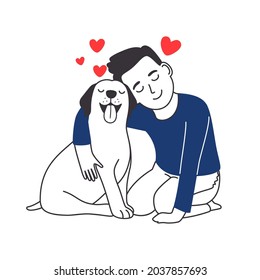 El chico abraza al perro. Amistad infantil y cachorro, feliz propietario de las crías ama el cachorro la ilustración de los vectores de animales, el tipo jugando con adorable amigo de los abuelos lindo color de imagen en blanco