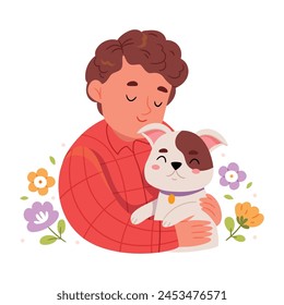 A boy hugs a dog.Kid and dog vector illustration, children puppy friend, pup animal owner happy child cartoon vector illustration, little dogs playing image isolated on white background