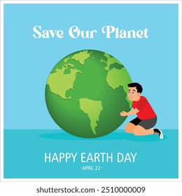 Boy hugs the earth. World Environment Day background. Earth Day concept. Flat vector illustration.