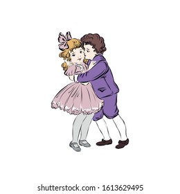 Boy hugs girl dressed in vintage style from the nineteenth century. Young lovers. Manifestation of feelings.