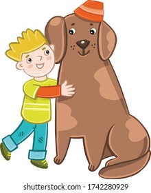 a boy hugs his big dog