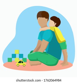 A boy hugs his dad from behind and  father's day