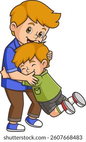 a boy hugs his father of illustration