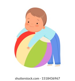 Boy hugs a huge ball. Vector illustration on a white background.