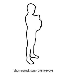 Boy hugs pillow arm Child holds cushion hugging hands Preschool hug Cute brother standing Son stand Children happy Kid going to bed Person bedtime concept Sleep snuggle idea View side contour outline 