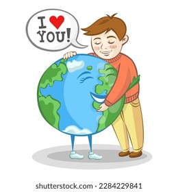 Boy hugs planet Earth and confesses his love to it. Earth Day 22 April vector illustration with white background. Ecology and save the Planet concept.
