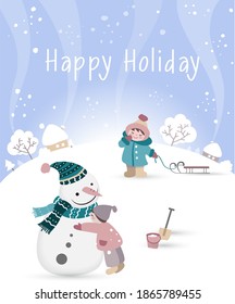 The boy hugs the snowman. Little girl pulling a sled. Winter landscape. Vector illustration.