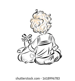 Boy hugs soft toy. Coloring page. 