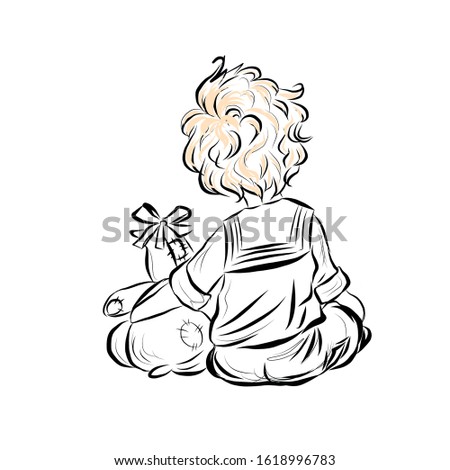 Boy hugs soft toy. Coloring page. 