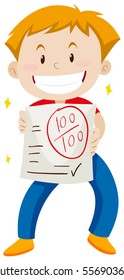 Boy with hundred scores on the paper illustration