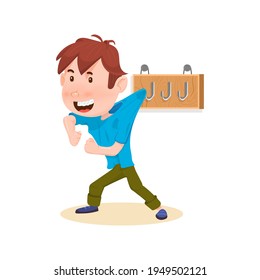 Boy hung on a hook, flat style cartoon character.