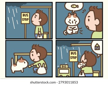 The Boy and the Hungry Kitten A Four Panel Comic Strip