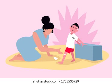 Boy hurt knee vector illustration. Mother takes care of her son. The kid is sick at home. The child has a damaged leg. Maternal stress. A woman is using band-aid for her baby.