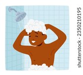 Boy Hygiene, Daily Routine Concept. Child Joyfully Lathering Body In Shower, Giggling As Soap Bubbles Form. Water Cascades, Creating A Playful And Cleansing Moment. Cartoon People Vector Illustration
