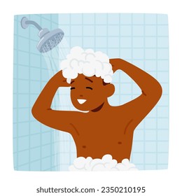 Boy Hygiene, Daily Routine Concept. Child Joyfully Lathering Body In Shower, Giggling As Soap Bubbles Form. Water Cascades, Creating A Playful And Cleansing Moment. Cartoon People Vector Illustration