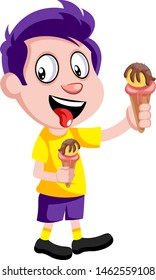 Boy with ice cream, illustration, vector on white background.