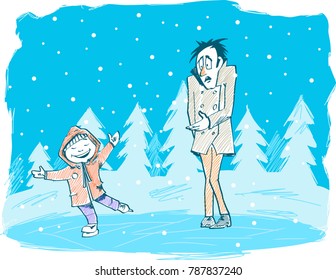 A boy is ice skating meanwhile his father is freezing. Illustration