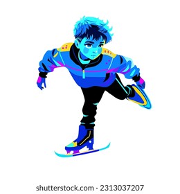 Boy ice skating.  Vector illustration, can be used as mascot, promotion for brands, season offers, music and audio book labels.