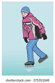 Boy ice skating in winter at the rink .