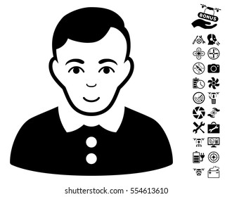 Boy icon with bonus drone service pictograms. Vector illustration style is flat iconic black symbols on white background.