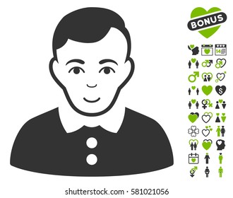Boy icon with bonus passion design elements. Vector illustration style is flat iconic eco green and gray symbols on white background.