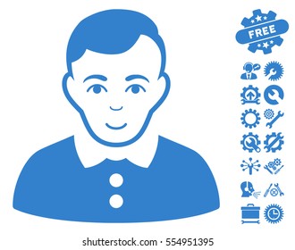 Boy icon with bonus tools pictograms. Vector illustration style is flat iconic cobalt symbols on white background.