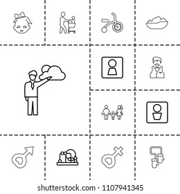 Boy icon. collection of 13 boy outline icons such as man wc, woman wc, baby toy, baby girl, child bicycle, family. editable boy icons for web and mobile.