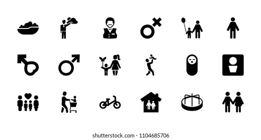 Boy icon. collection of 18 boy filled icons such as man wc, baby food, child bicycle, child playground carousel, family, man. editable boy icons for web and mobile.