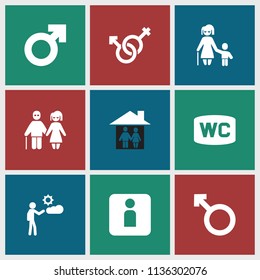 Boy icon. collection of 9 boy filled icons such as man symbol, woman, male and female, man, woman wc, wc, couple, family house. editable boy icons for web and mobile.