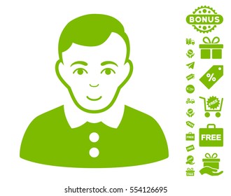 Boy icon with free bonus design elements. Vector illustration style is flat iconic symbols, eco green color, white background.