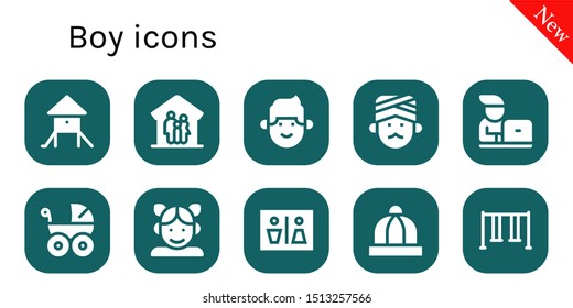 boy icon set. 10 filled boy icons.  Simple modern icons about  - Playground, Family, Man, Student, Baby carriage, Girl, Wc, Baby hat, Swing