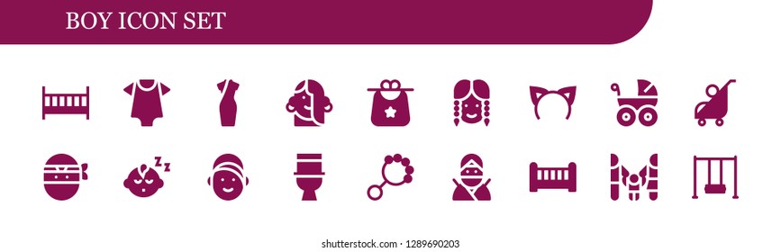  boy icon set. 18 filled boy icons. Simple modern icons about  - Cot, Baby clothes, Cheongsam, Girl, Bib, Headband, Baby carriage, Stroller, Ninja, Baby boy, Toilet, Rattle, Crib