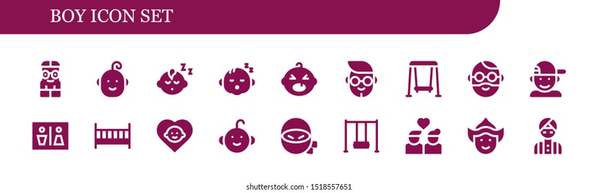 boy icon set. 18 filled boy icons.  Simple modern icons about  - Nerd, Baby, Baby boy, Swing, Man, Wc, Cot, Ninja, Couple, Woman