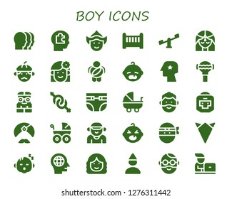  boy icon set. 30 filled boy icons. Simple modern icons about  - Heads, Head, Woman, Crib, Swings, Girl, Man, Childhood, Baby, Rattle, Nerd, Gender, Diapers, Stroller, Boxer, Baby carriage