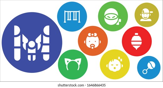 Boy Icon Set. 9 Filled Boy Icons. Included Family, Swing, Ninja, Headband, Baby, Spinning Top, Boy, Rattle Icons