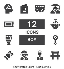 boy icon set. Collection of 12 filled boy icons included Katana, Delivery man, Man, Rug, Rattle, Toilet, Boy, Baby book, Student, Head, Diaper