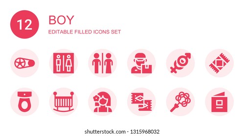 boy icon set. Collection of 12 filled boy icons included Crankset, Toilet, Restroom, Delivery man, Couple, Crib, Girl, Rug, Rattle, Baby book