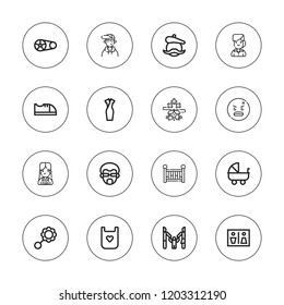 Boy icon set. collection of 16 outline boy icons with angry, baby shoes, artist, bib, cheongsam, boy, crankset, crib, family, girl, man, nerd, rattle, stroller, wc icons.