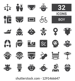 boy icon set. Collection of 32 filled boy icons included Man, Woman, Cry, Baby, Toilet, Baby girl, Rattle, Crib, Fetus, Diaper, Head, Scout, Skate park, Armenian, Baby clothes