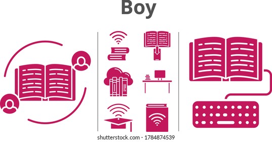 boy icon set. included feedback, cloud, audiobook, cap, e-book, desktop, homework, book icons. filled styles.