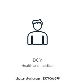 Boy icon. Thin linear boy outline icon isolated on white background from health collection. Line vector sign, symbol for web and mobile