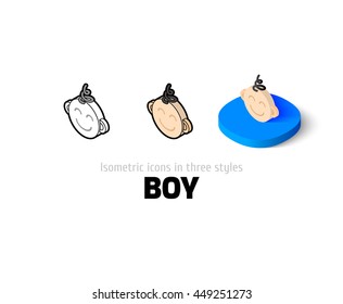 Boy icon, vector symbol in flat, outline and isometric style