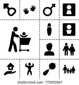 Boy icons. set of 13 editable filled boy icons such as man wc, woman wc, beanbag, baby hands, couple, family, father with not in shopping cart, male, house insurance