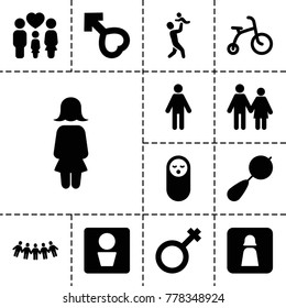 Boy icons. set of 13 editable filled boy icons such as man wc, beanbag, baby food, child bicycle, couple, man, family, male, woman, children