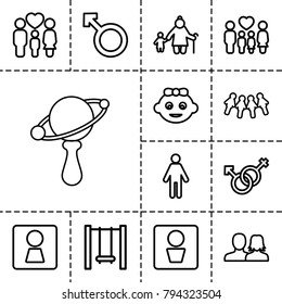 Boy icons. set of 13 editable outline boy icons such as man wc, woman wc, baby girl, man and woman, man, children, family, male and female, swing
