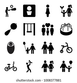 Boy icons. set of 16 editable filled boy icons such as man wc, beanbag, child bicycle, woman, couple, father and son, family, man, swing, baby food, child playground carousel