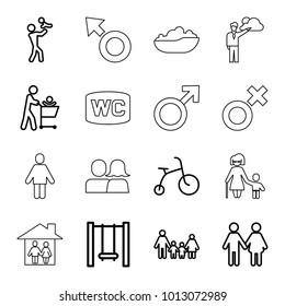 Boy icons. set of 16 editable outline boy icons such as child bicycle, family, father with baby, father with not in shopping cart, swing, baby bath, man and woman, wc, man