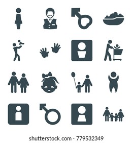 Boy icons. set of 16 editable filled boy icons such as man wc, woman wc, baby hands, woman, casino boy, couple, family, father and son, father with baby