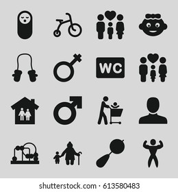 Boy icons set. set of 16 boy filled icons such as baby girl, beanbag, baby food, child bicycle, man, WC, family, male, bodybuilder, man symbol, family house