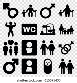 Boy icons set. set of 16 boy filled icons such as man WC, woman WC, baby food, baby toy, WC, family, male, male and female, bodybuilder, couple, man symbol, old man with child